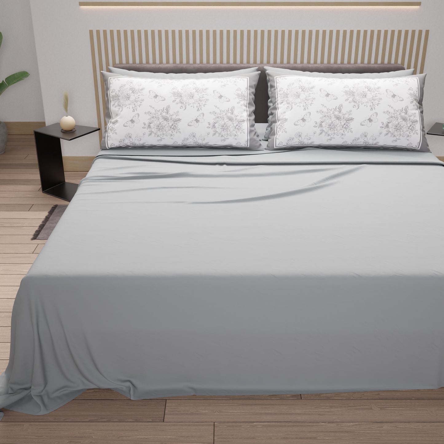 Lenzuola in Cotone, Completo Letto con Federe in Stampa Digitale Botanic Grigio