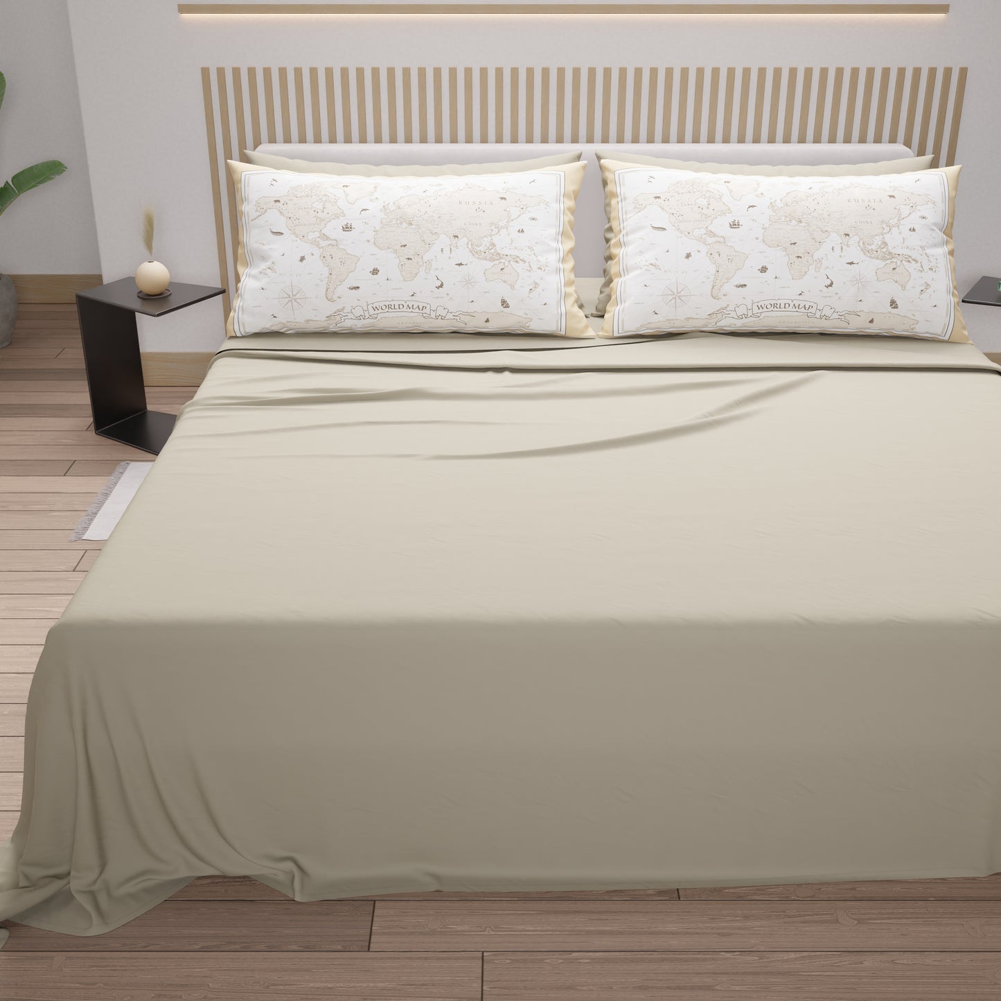 Cotton Sheets, Bed Set with White World Digital Print Pillowcases