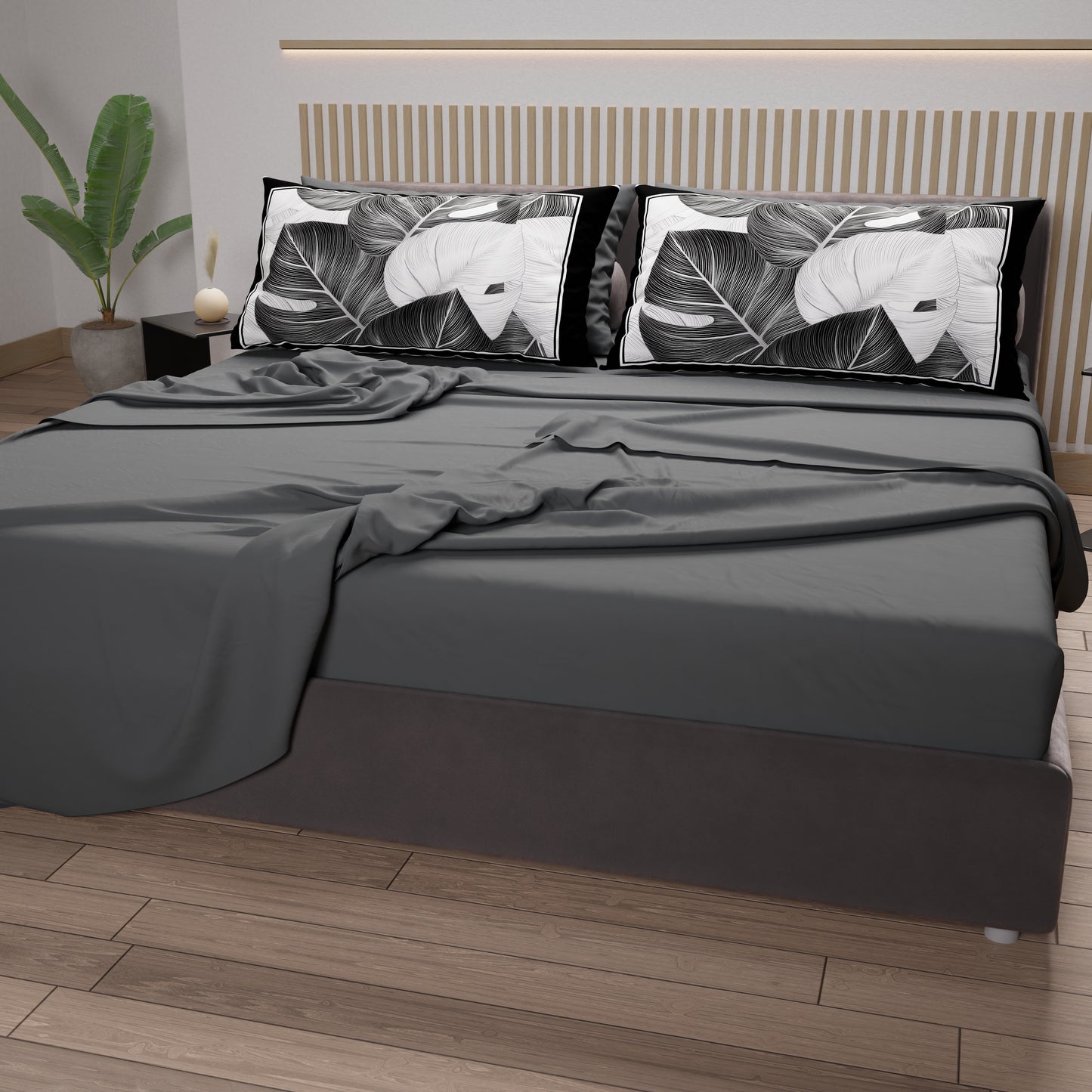 Draps en Coton, Parure de Lit avec Taies d'Oreiller en Impression Numérique Tropical Noir-Argent