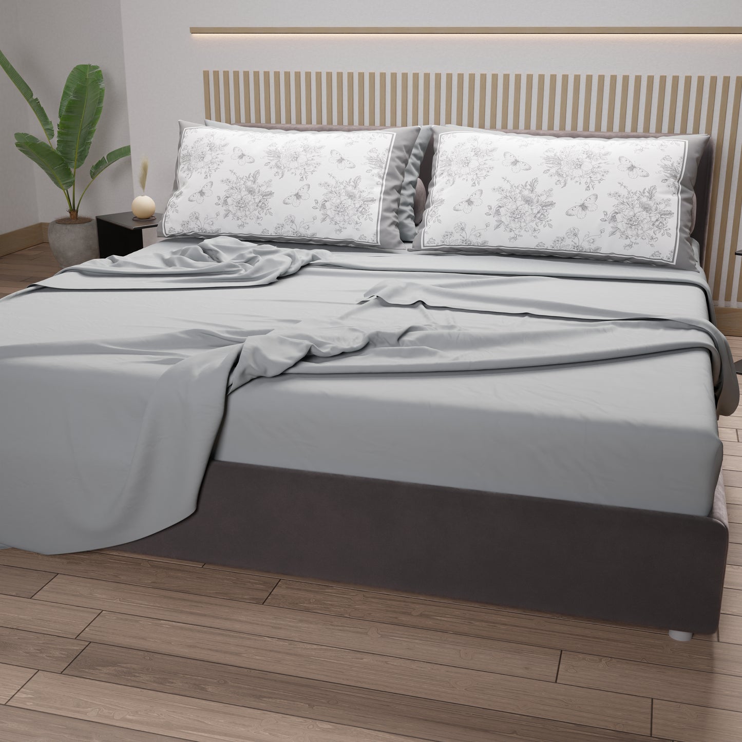 Lenzuola in Cotone, Completo Letto con Federe in Stampa Digitale Botanic Grigio
