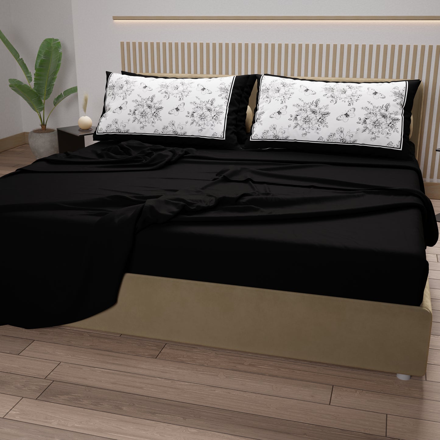 Lenzuola in Cotone, Completo Letto con Federe in Stampa Digitale Botanic Nero