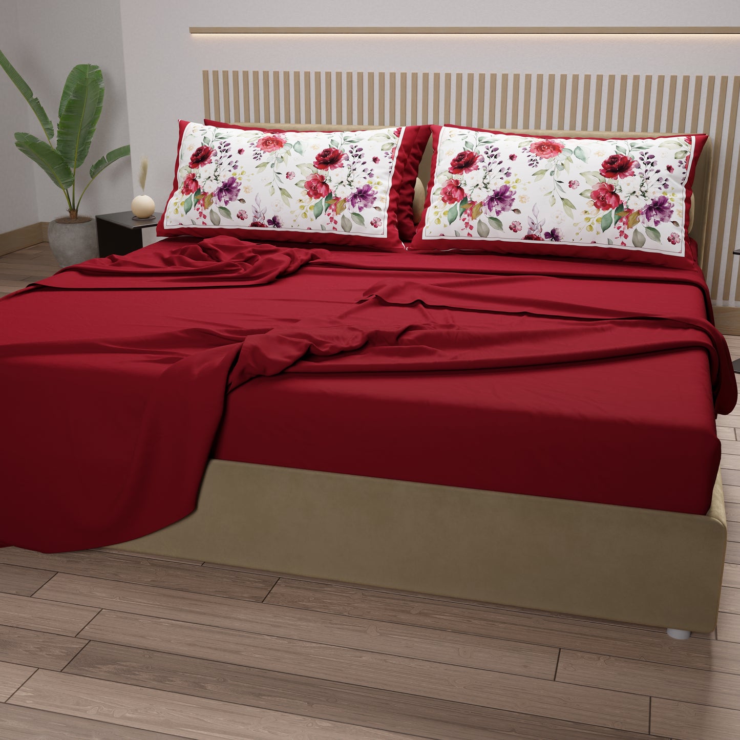 Lenzuola in Cotone, Completo Letto con Federe in Stampa Digitale Floreale Bordeaux