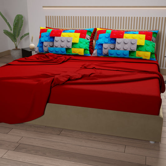 Lenzuola in Cotone, Completo Letto con Federe in Stampa Digitale Mattoncini