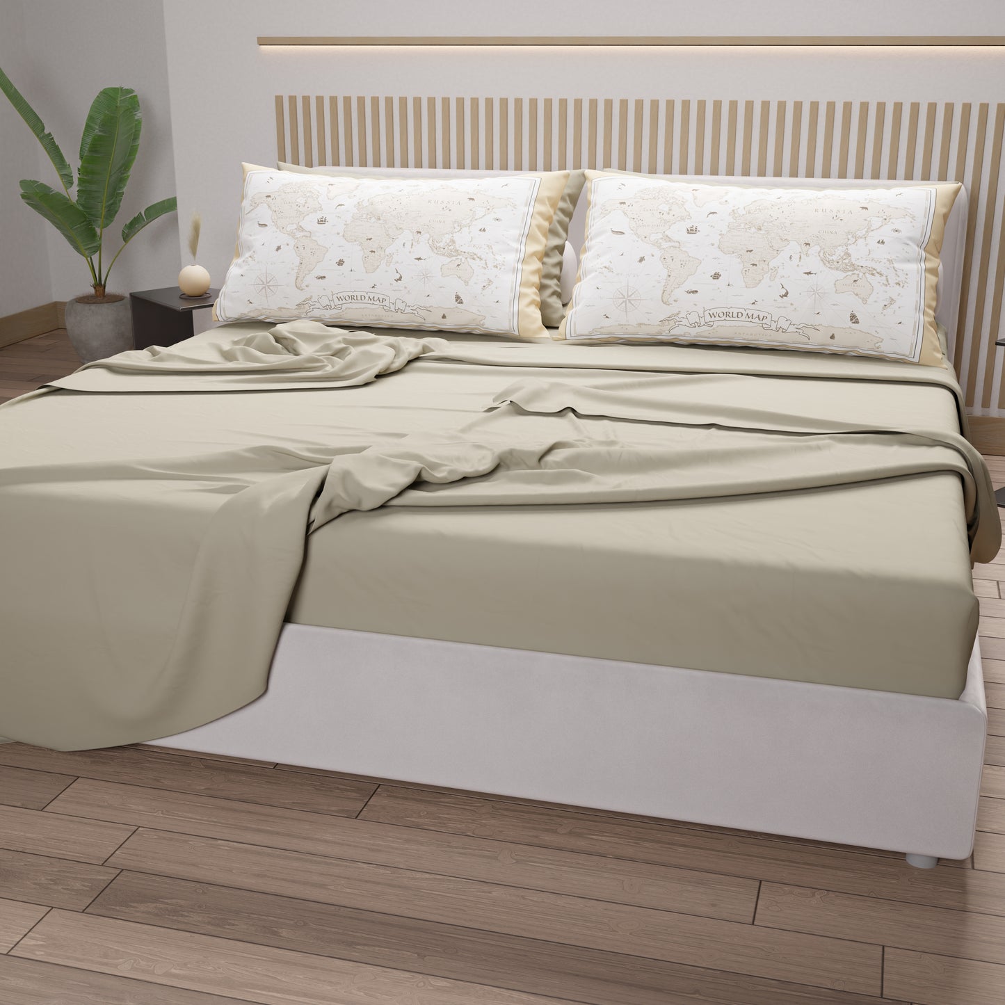 Cotton Sheets, Bed Set with White World Digital Print Pillowcases