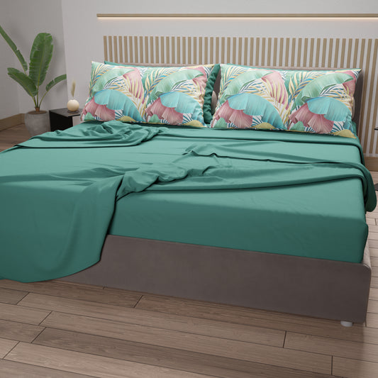 Cotton Sheets, Bed Set with Tropical Multicolor Digital Print Pillowcases