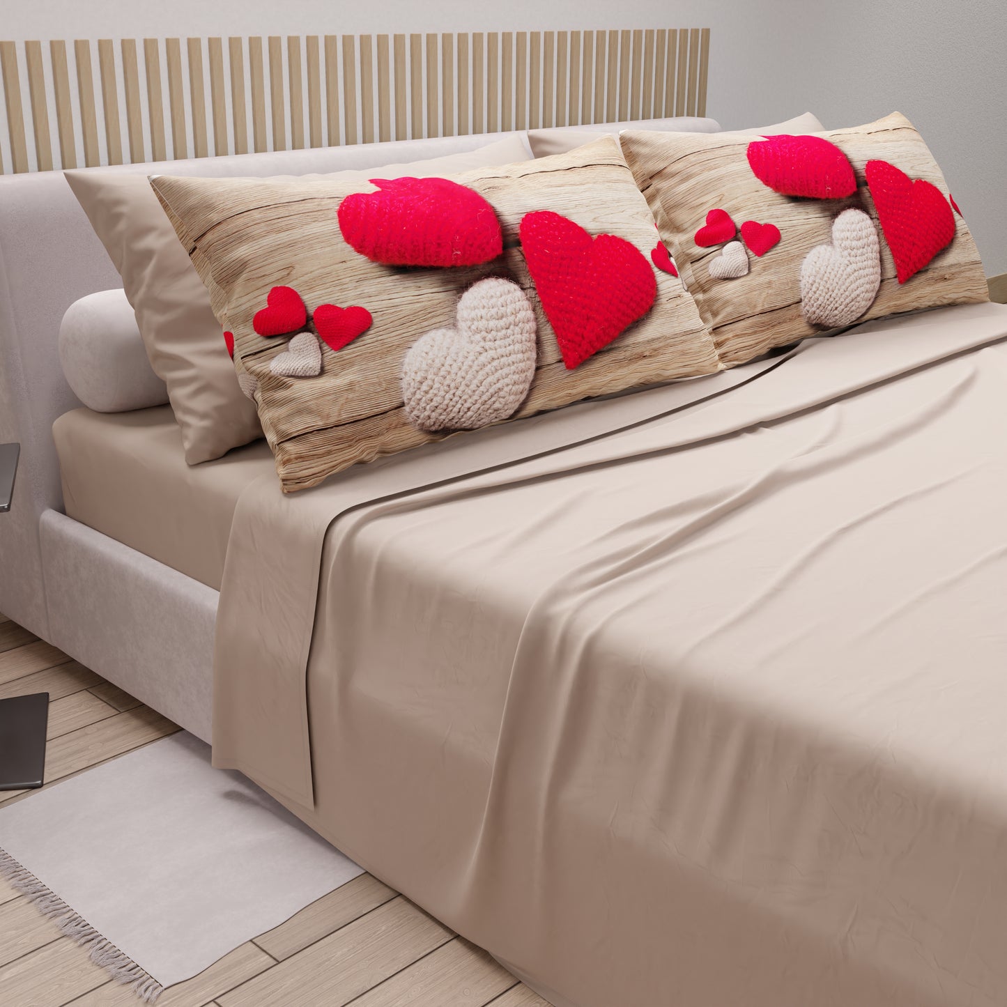 Cotton sheets, bed set with heart digital print pillowcases