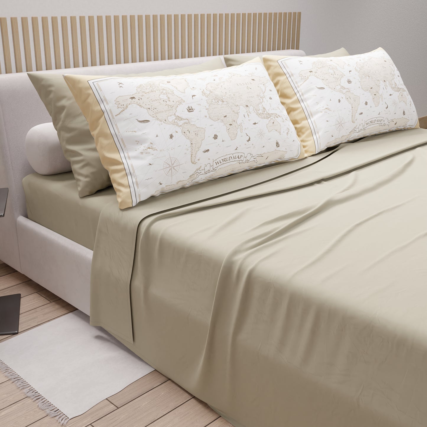 Cotton Sheets, Bed Set with White World Digital Print Pillowcases