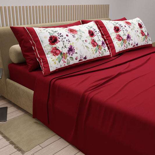 Draps en Coton, Parure de Lit avec Taies d'Oreiller en Impression Numérique Floral Bordeaux