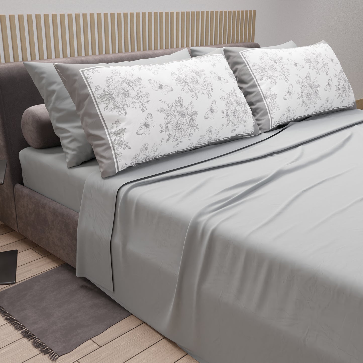 Lenzuola in Cotone, Completo Letto con Federe in Stampa Digitale Botanic Grigio
