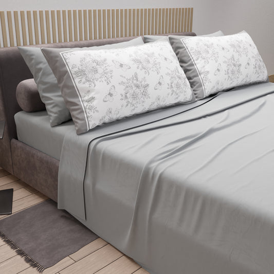 Draps en Coton, Parure de Lit avec Taies d'Oreiller en Impression Digitale Botanique Grise