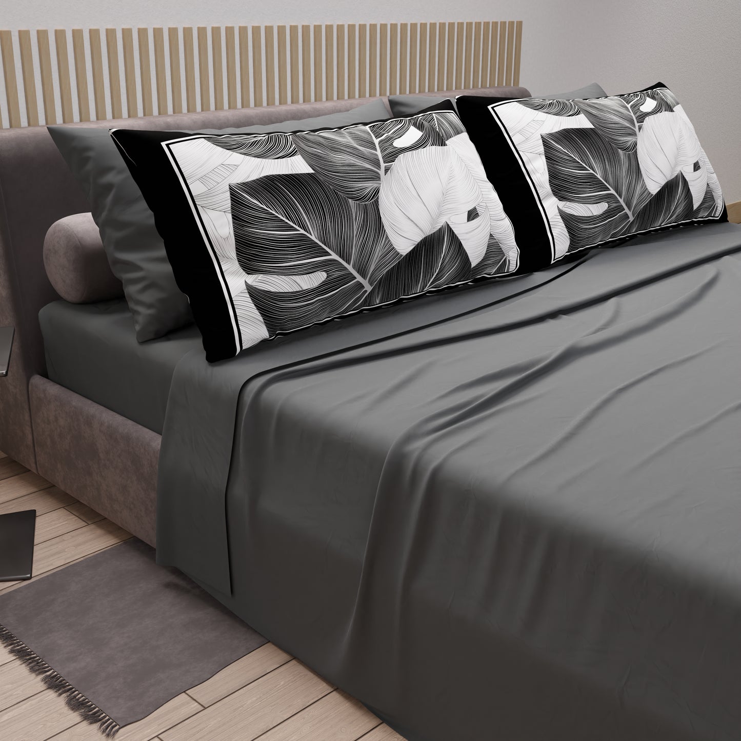 Draps en Coton, Parure de Lit avec Taies d'Oreiller en Impression Numérique Tropical Noir-Argent