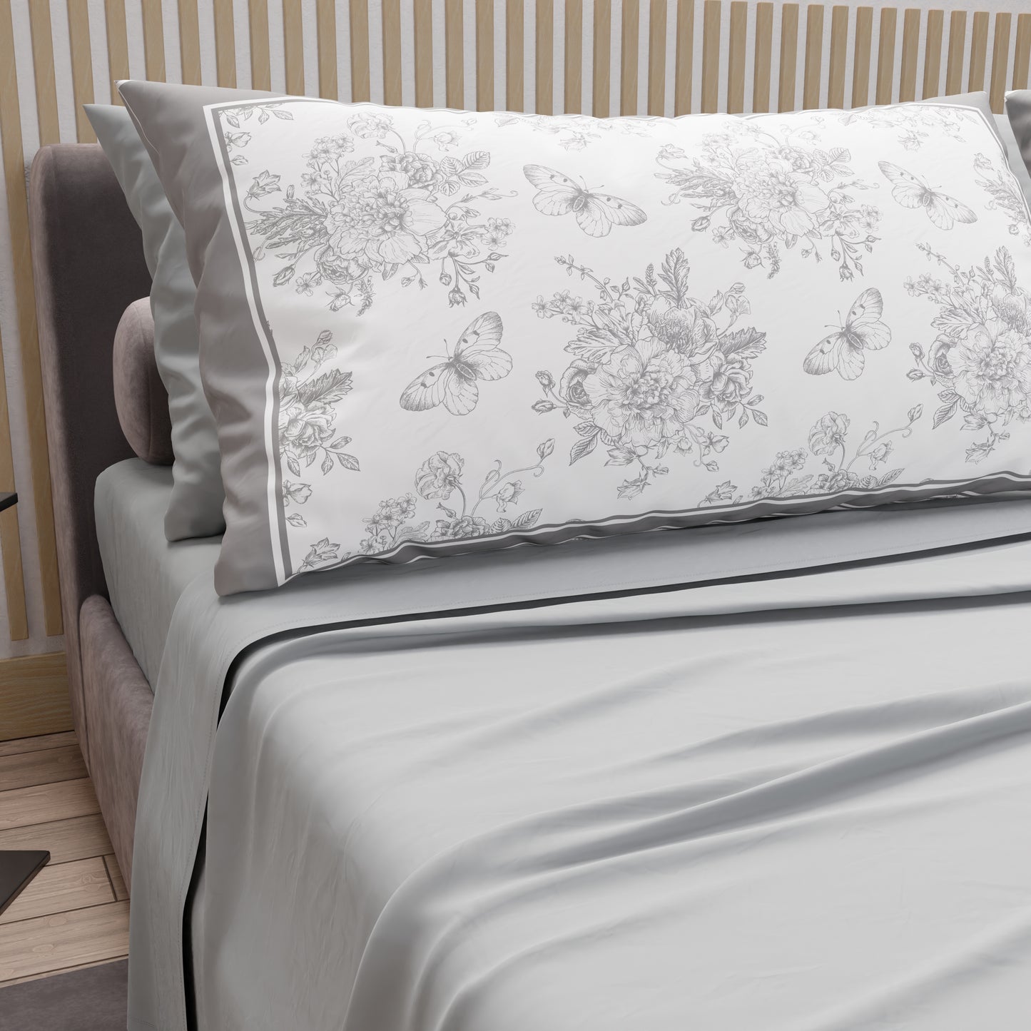 Lenzuola in Cotone, Completo Letto con Federe in Stampa Digitale Botanic Grigio
