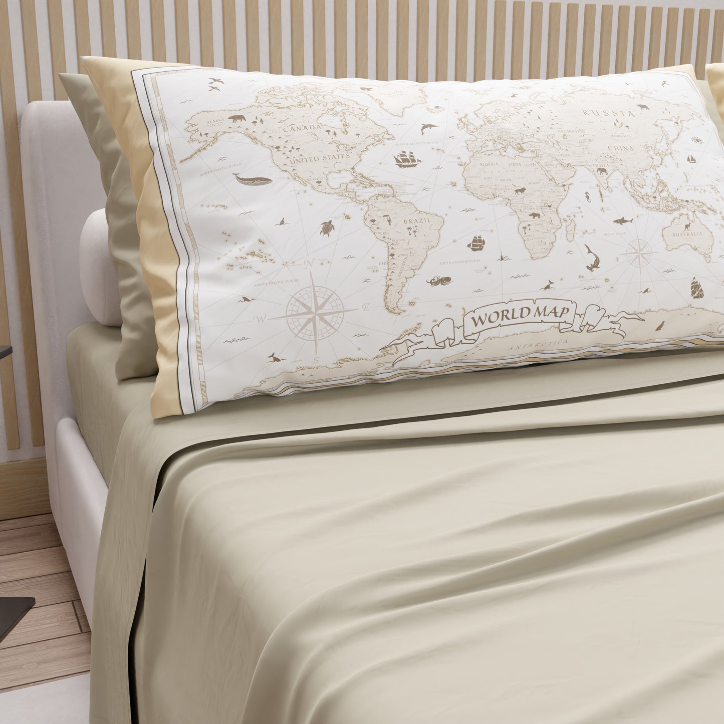 Cotton Sheets, Bed Set with White World Digital Print Pillowcases
