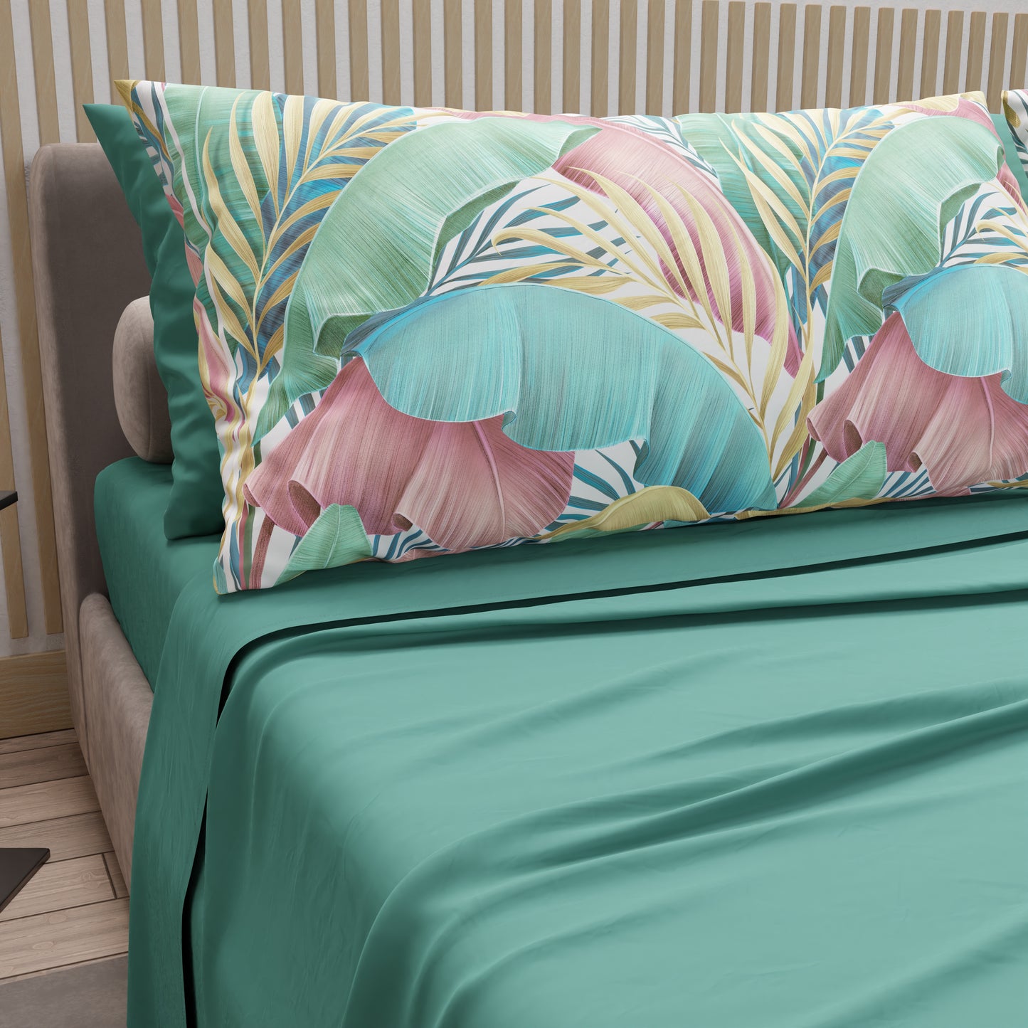 Cotton Sheets, Bed Set with Tropical Multicolor Digital Print Pillowcases