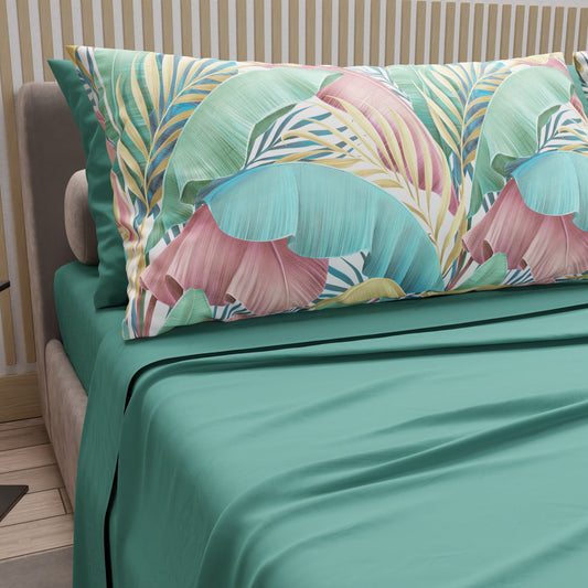 Cotton Sheets, Bed Set with Tropical Multicolor Digital Print Pillowcases