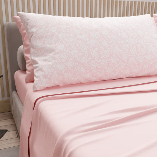 Draps en Coton, Parure de Lit avec Taies d'Oreiller en Impression Digitale Dentelle Rose