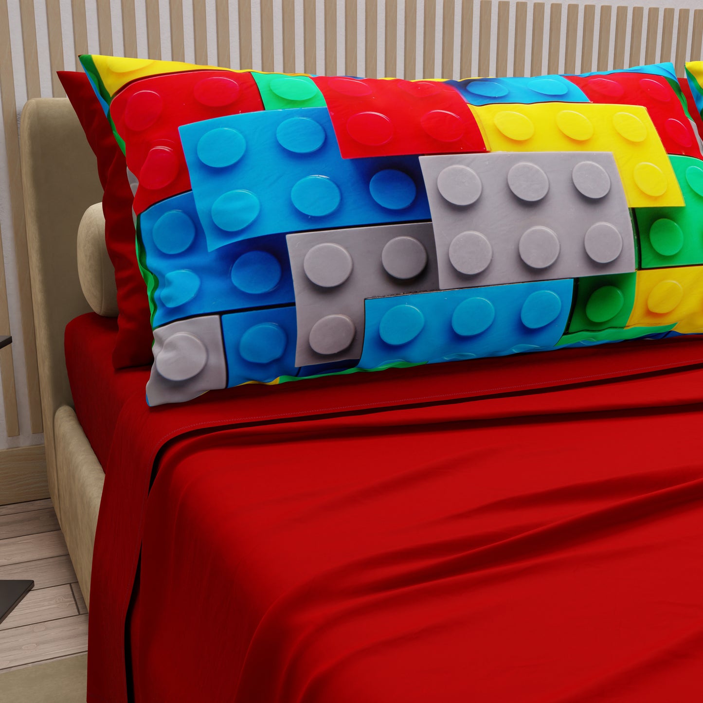 Cotton Sheets, Bed Set with Brick Digital Print Pillowcases