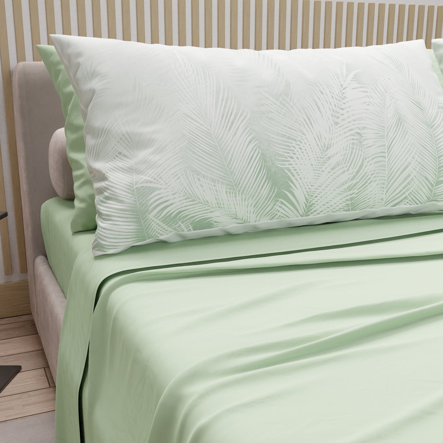 Draps en Coton, Parure de Lit avec Taies d'Oreiller en Impression Numérique Feuille Sauge