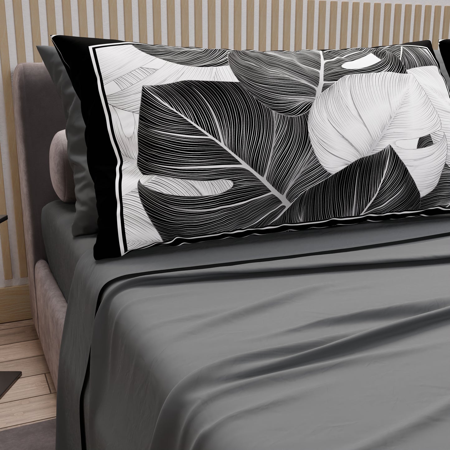 Draps en Coton, Parure de Lit avec Taies d'Oreiller en Impression Numérique Tropical Noir-Argent