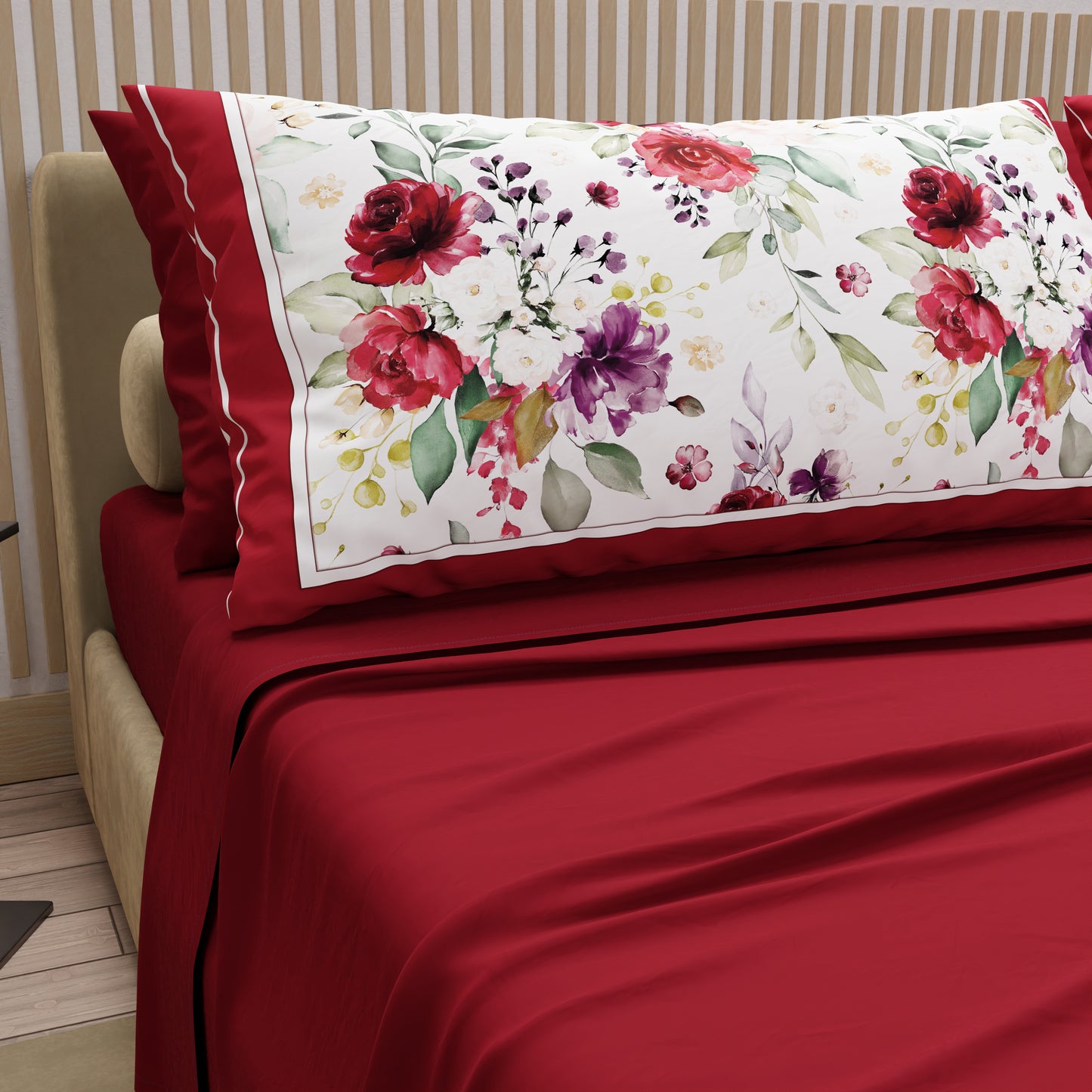 Lenzuola in Cotone, Completo Letto con Federe in Stampa Digitale Floreale Bordeaux