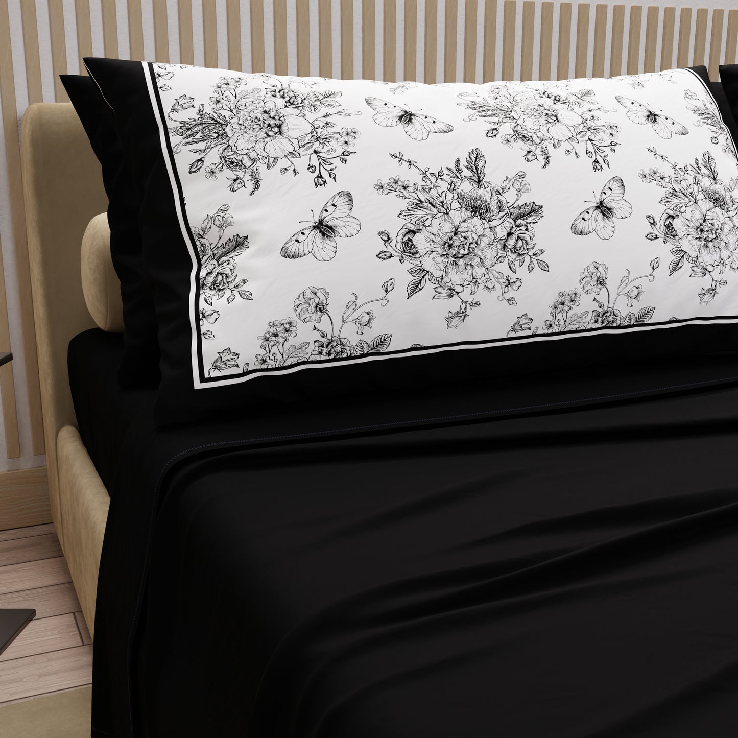 Lenzuola in Cotone, Completo Letto con Federe in Stampa Digitale Botanic Nero