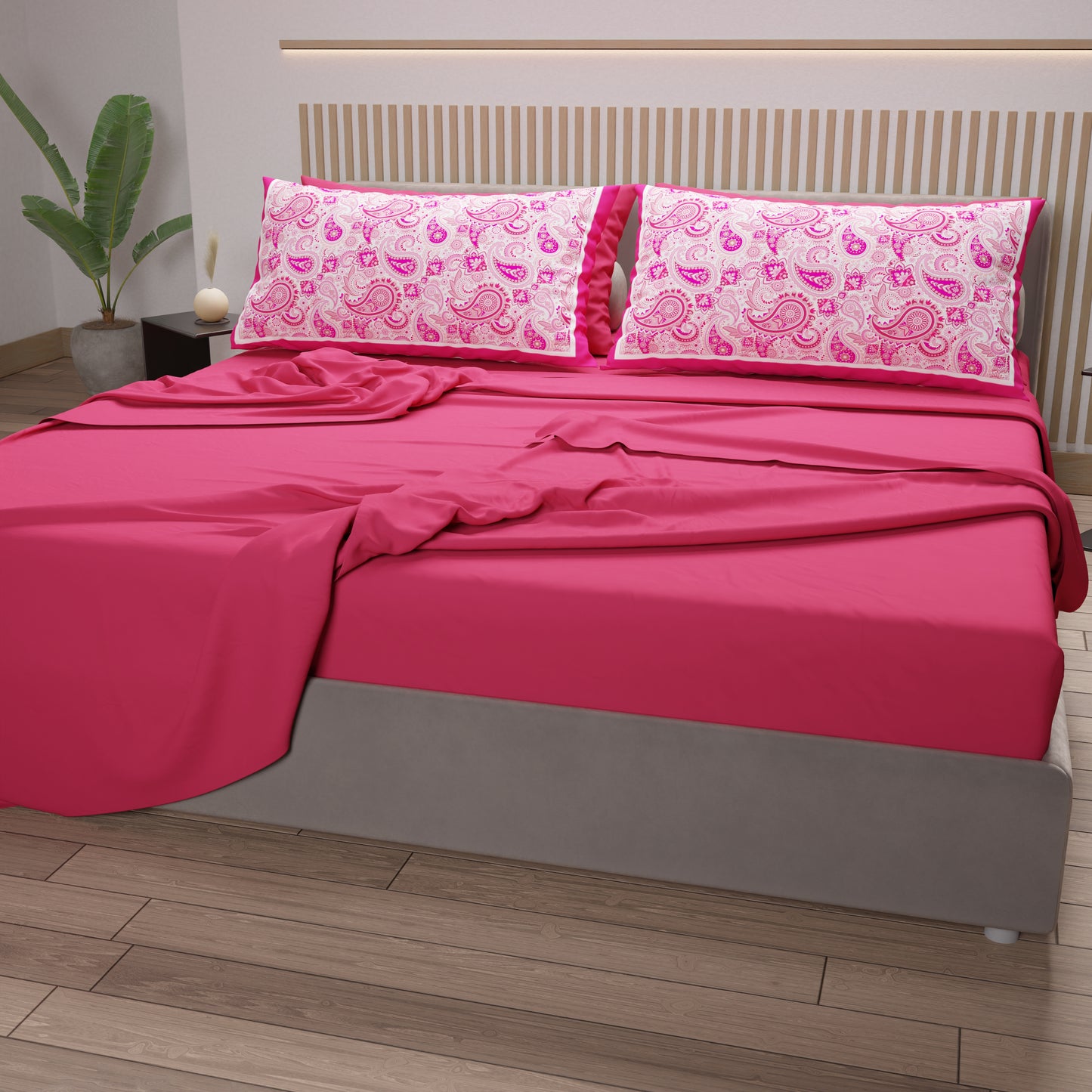 Draps en Coton, Parure de Lit avec Taies d'Oreiller en Impression Numérique Paisley Fuchsia