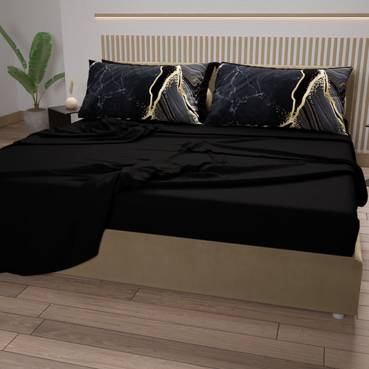 Lenzuola in Cotone, Completo Letto con Federe in Stampa Digitale Marble 07 Nero