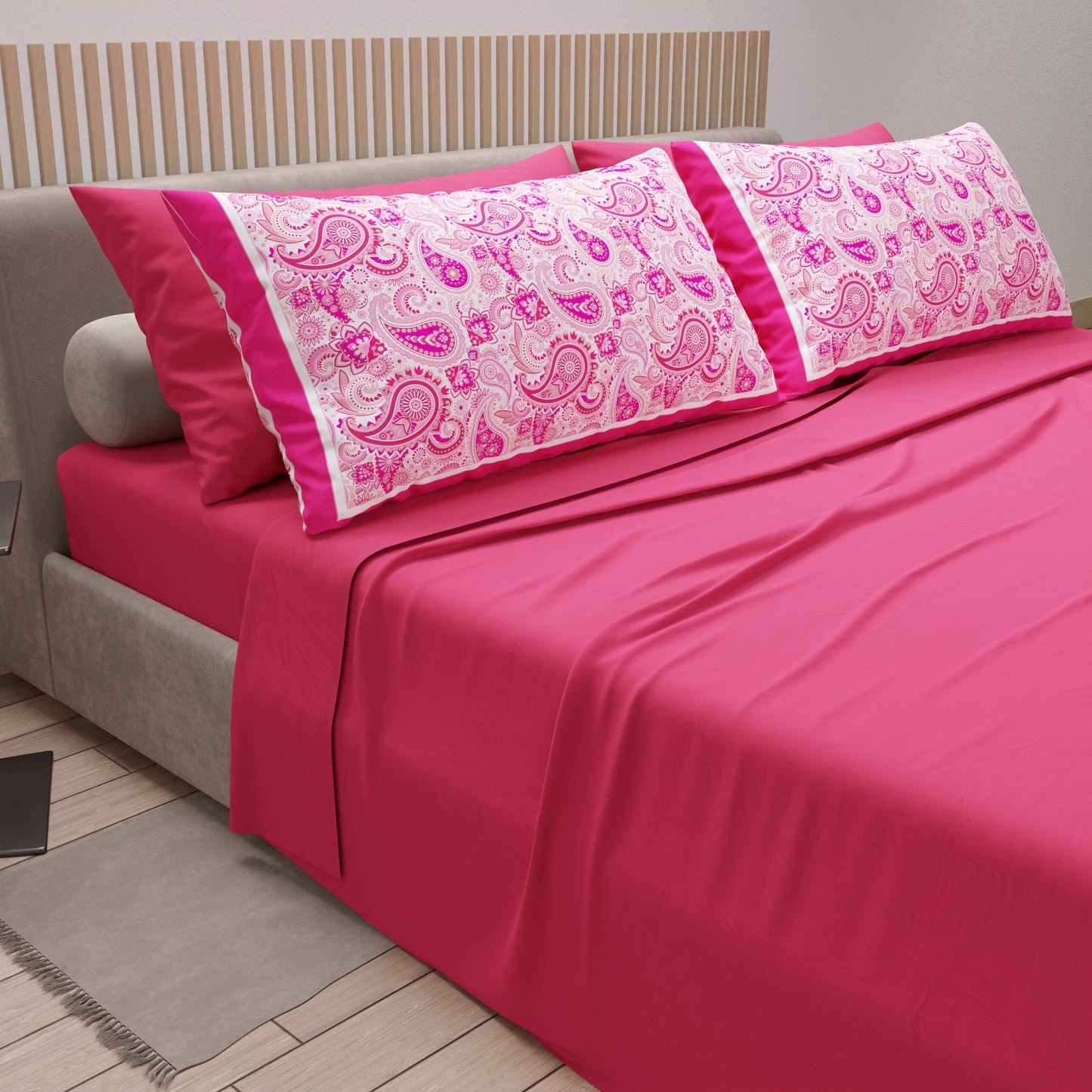 Draps en Coton, Parure de Lit avec Taies d'Oreiller en Impression Numérique Paisley Fuchsia