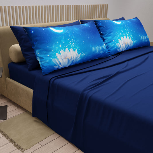 Draps en Coton, Parure de Lit avec Taies d'Oreiller en Impression Digitale Nuit Étoilée