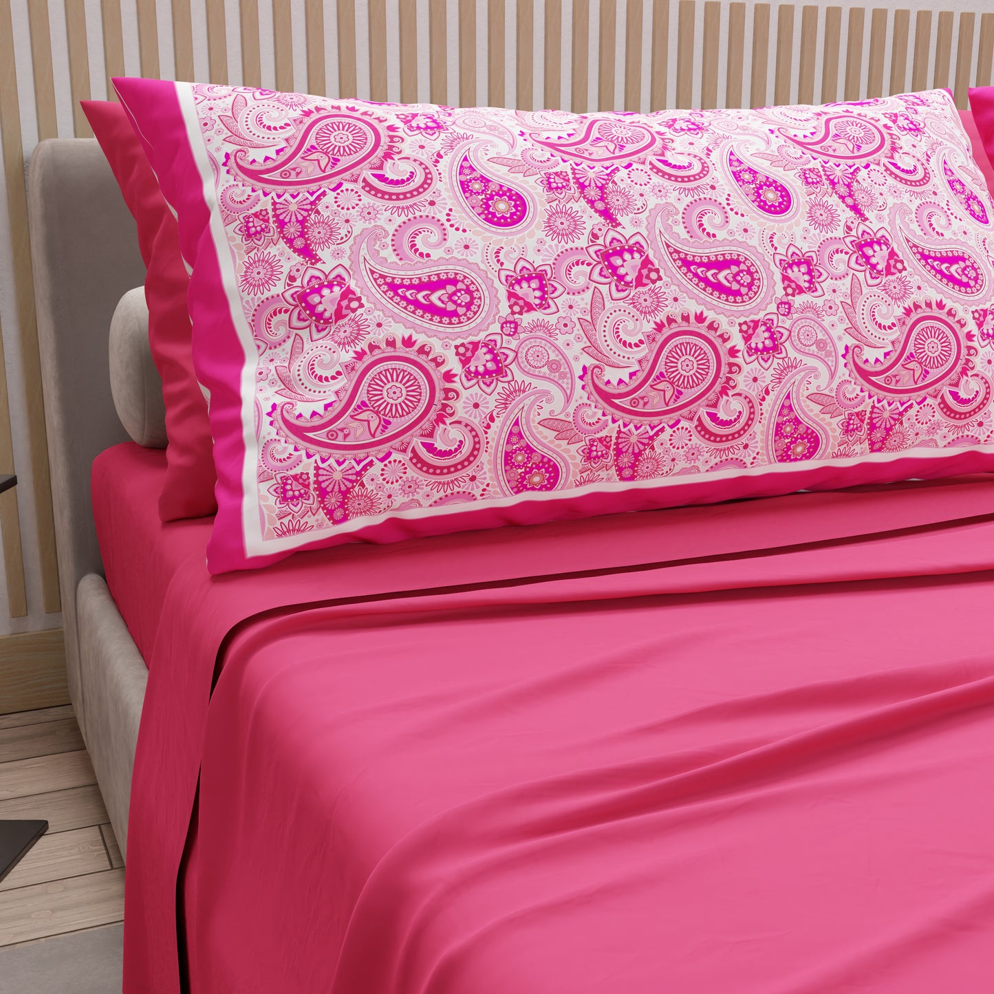Draps en Coton, Parure de Lit avec Taies d'Oreiller en Impression Numérique Paisley Fuchsia