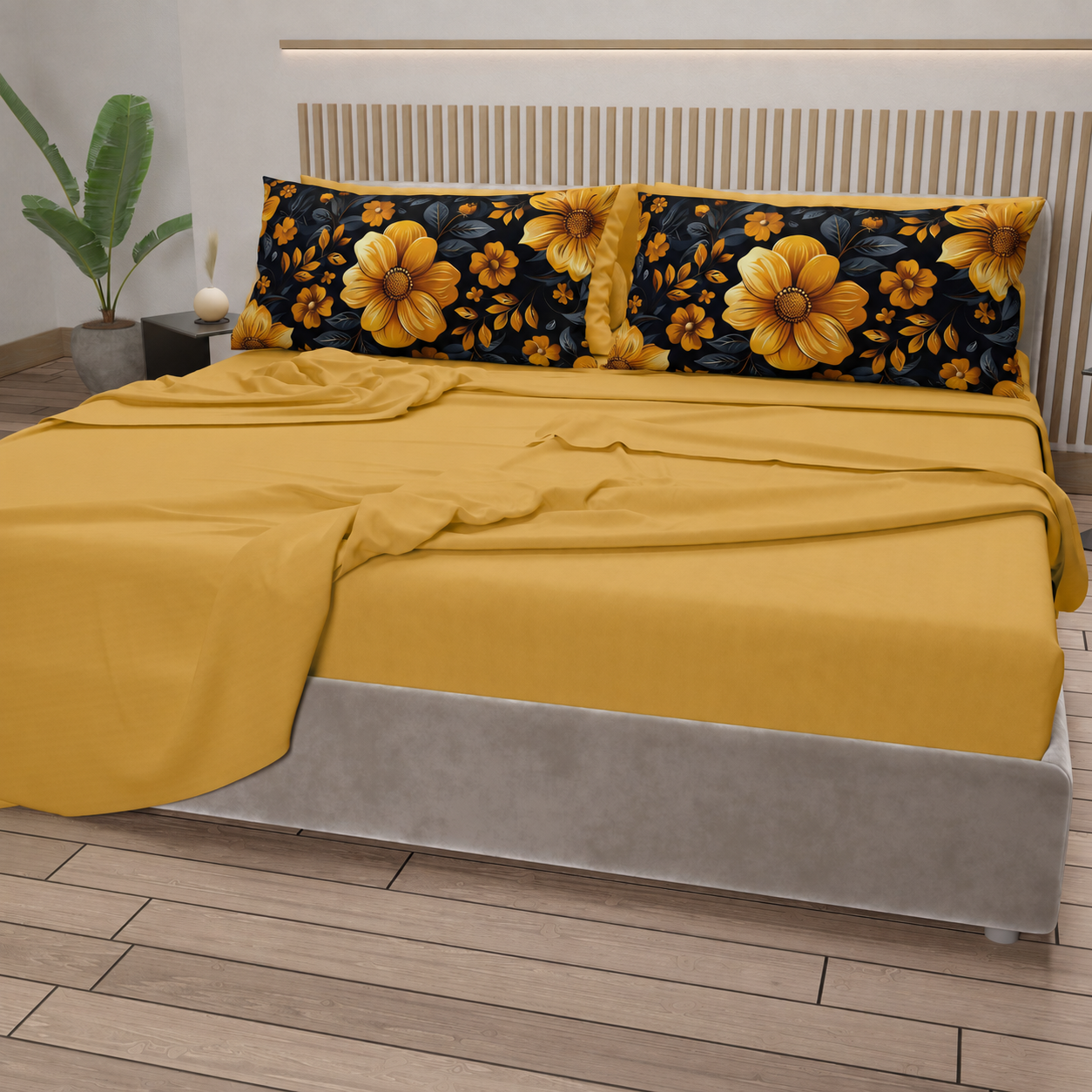 Lenzuola in Cotone, Completo Letto con Federe in Stampa Digitale Autunno 02 Giallo
