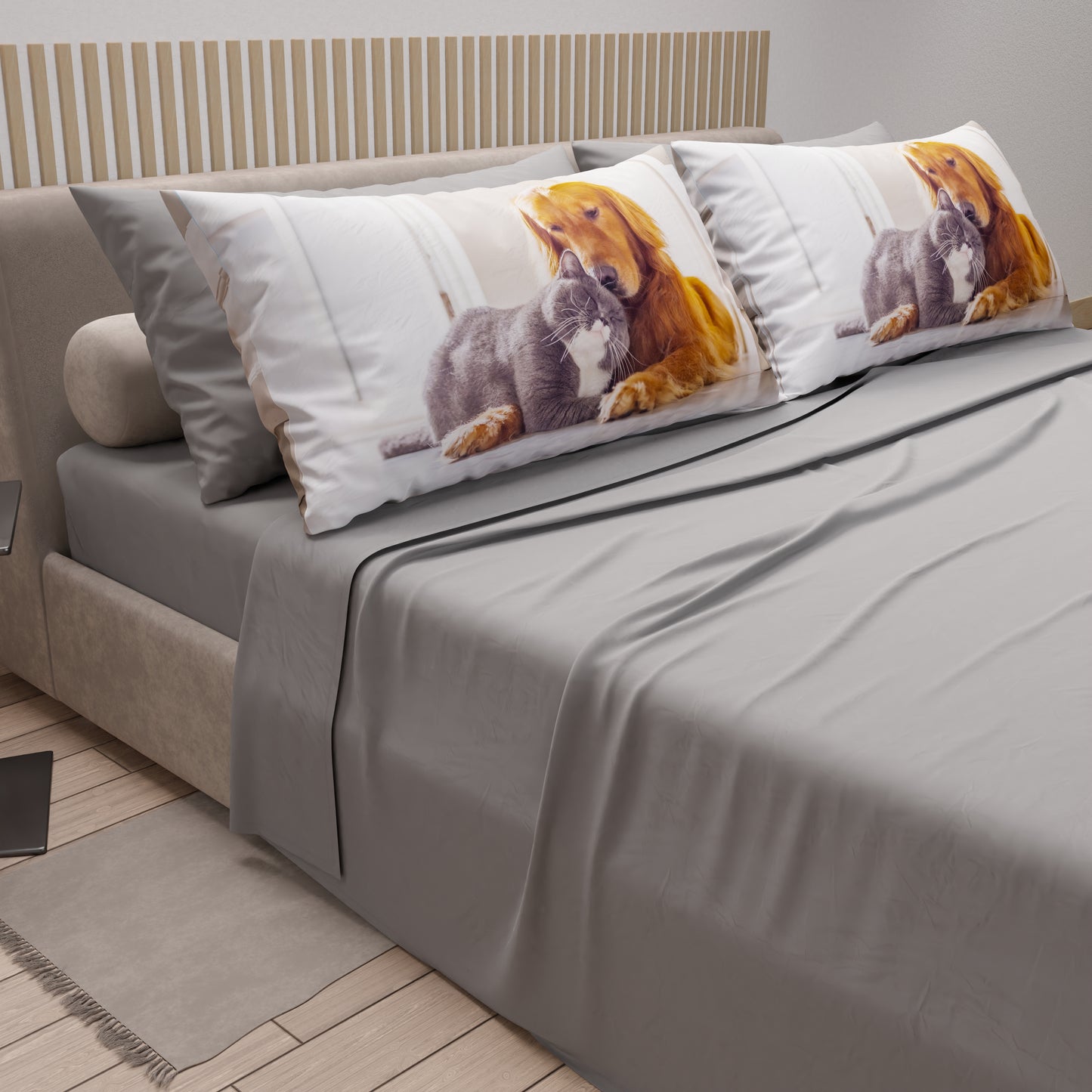 Draps Animaux en Coton, Parure de Lit avec Taies d'Oreiller en Impression Digitale Amis 01