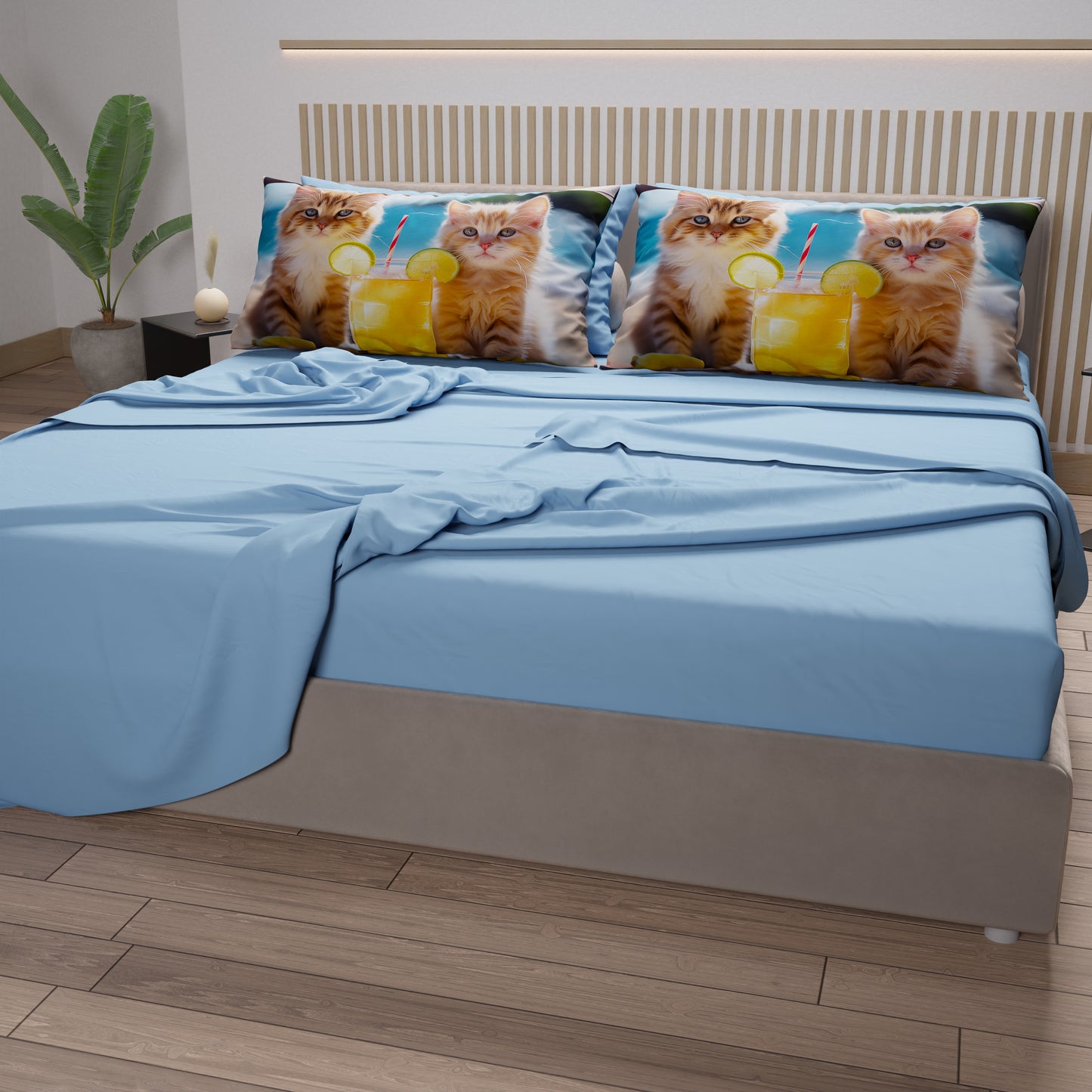 Draps Animaux en Coton, Parure de Lit avec Taies d'Oreiller en Impression Numérique Chats 02
