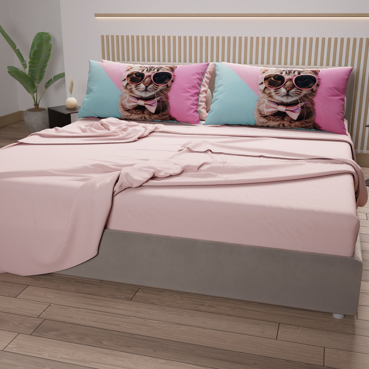 Draps Animaux en Coton, Parure de Lit avec Taies d'Oreiller en Impression Numérique Chats 08