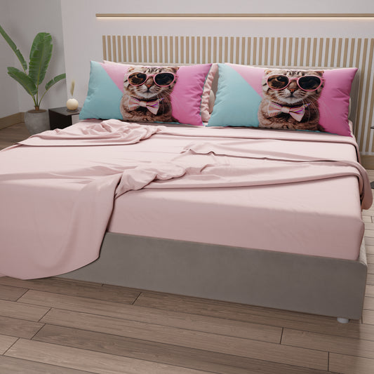 Lenzuola Animali in Cotone, Completo Letto con Federe in Stampa Digitale Cats 08
