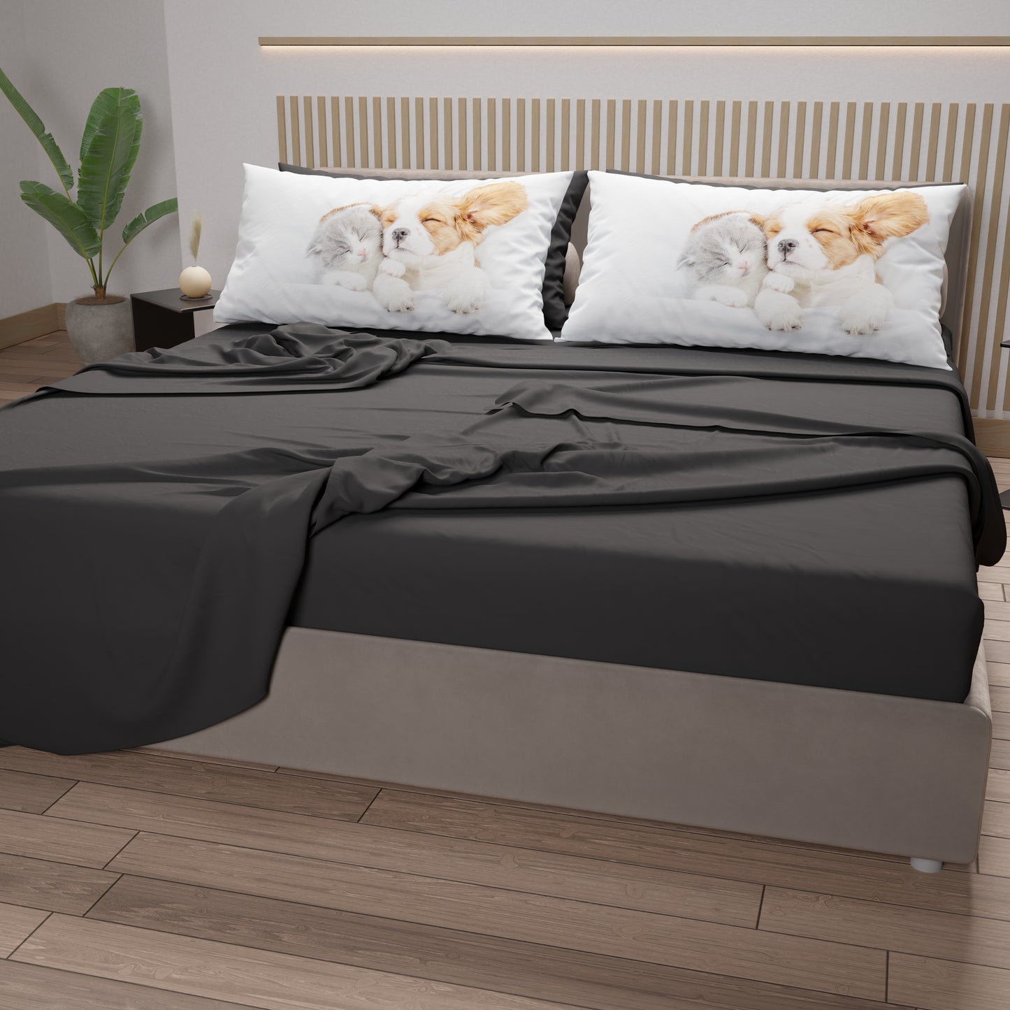 Draps Animaux en Coton, Parure de Lit avec Taies d'Oreiller en Impression Digitale Amis 07 Gris Foncé