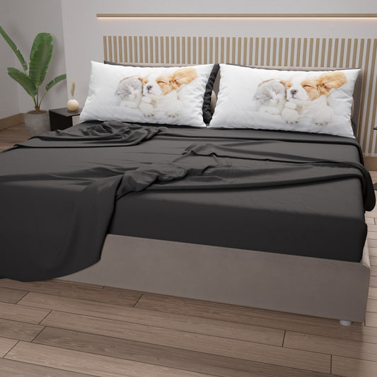 Draps Animaux en Coton, Parure de Lit avec Taies d'Oreiller en Impression Digitale Amis 07 Gris Foncé