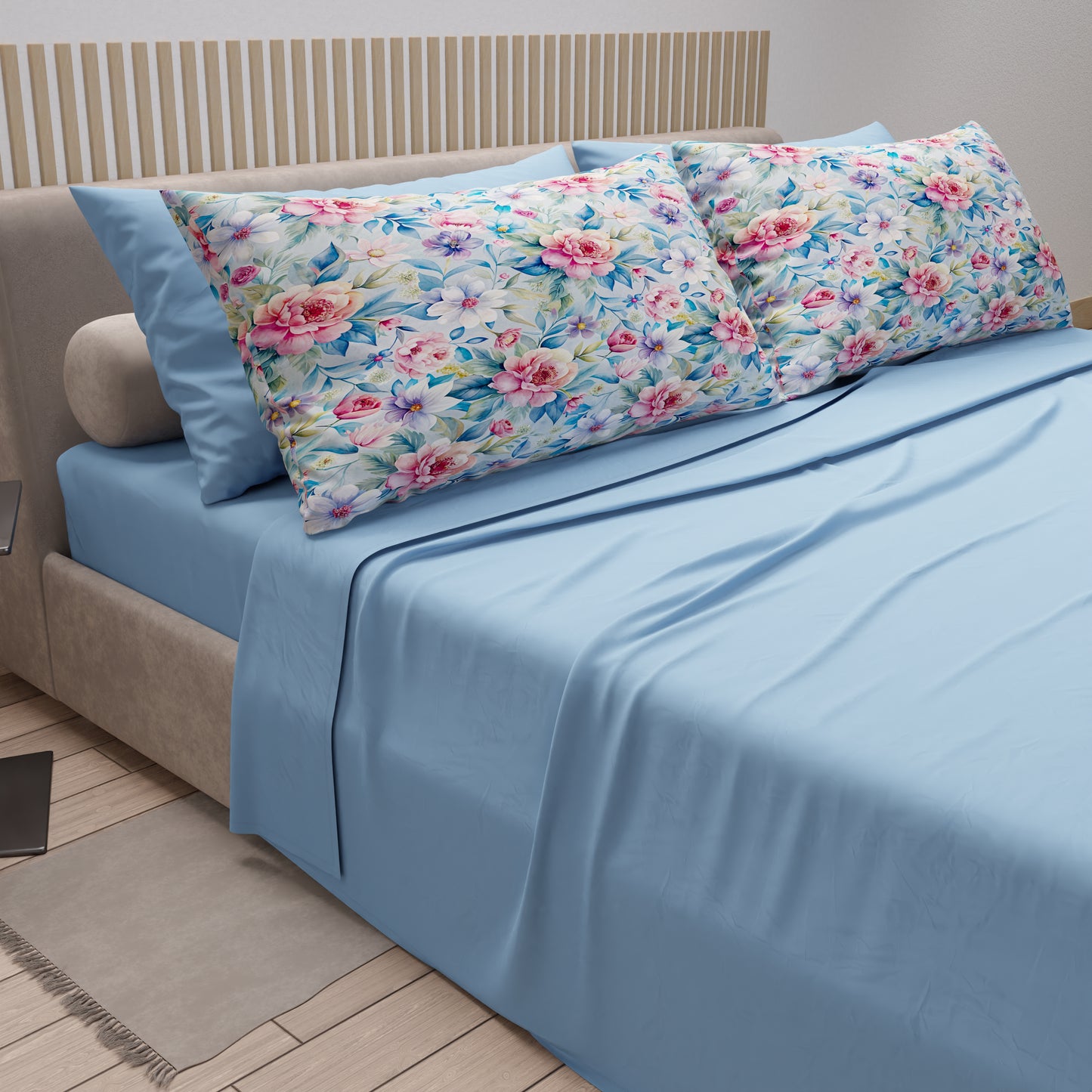 Draps en coton, parure de lit avec taies d'oreiller à impression numérique florale 118