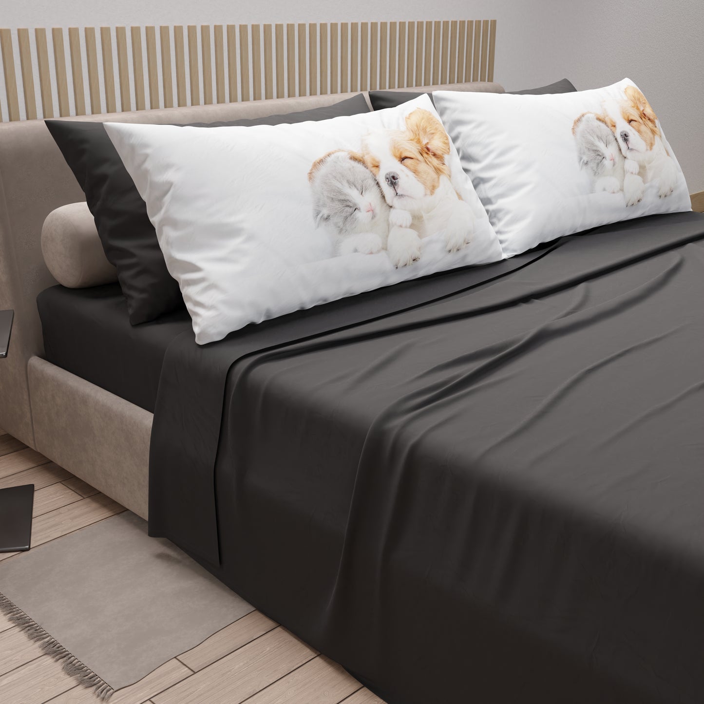 Draps Animaux en Coton, Parure de Lit avec Taies d'Oreiller en Impression Digitale Amis 07 Gris Foncé