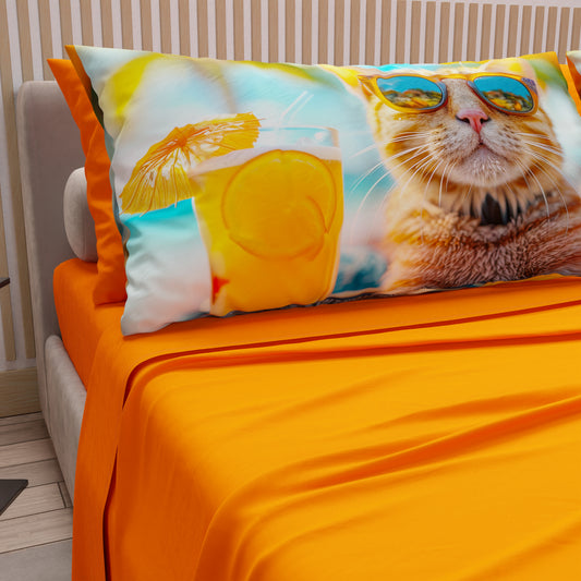 Draps Animaux en Coton, Parure de Lit avec Taies d'Oreiller en Impression Digitale Chats 04