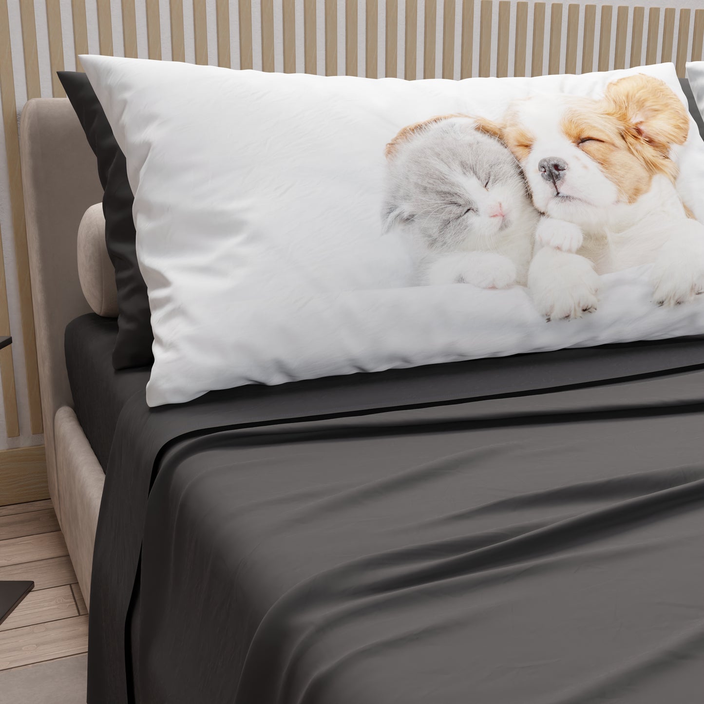 Draps Animaux en Coton, Parure de Lit avec Taies d'Oreiller en Impression Digitale Amis 07 Gris Foncé