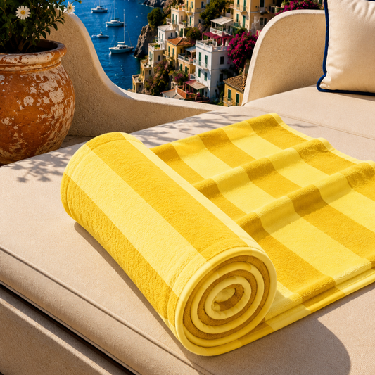 Telo Mare Microfibra, Asciugamano Mare, Telo per Lettino Righe Giallo Ocra/Giallo.