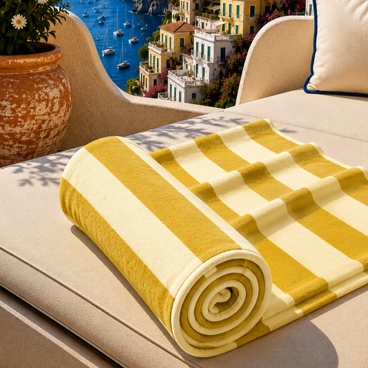 Telo Mare Microfibra, Asciugamano Mare, Telo per Lettino Righe Giallo Ocra/Panna.