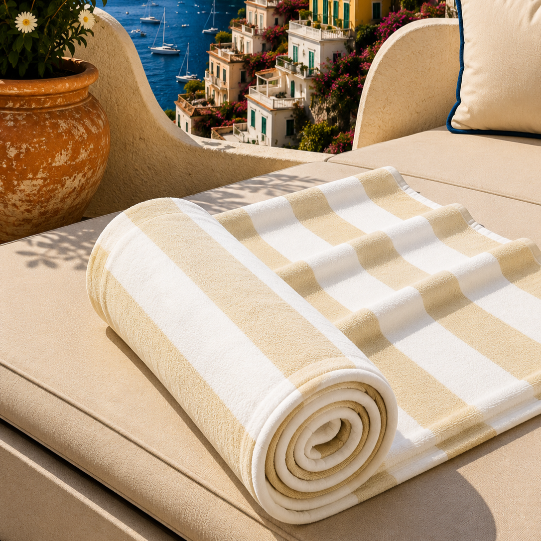 Telo Mare Microfibra, Asciugamano Mare, Telo per Lettino Righe Bianco/Beige.