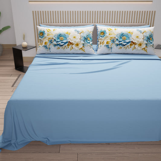 Draps en Coton, Parure de Lit avec Taies d'Oreiller en Impression Numérique Flower Ceramic 03 Bleu Clair