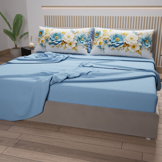Draps en Coton, Parure de Lit avec Taies d'Oreiller en Impression Numérique Flower Ceramic 03 Bleu Clair