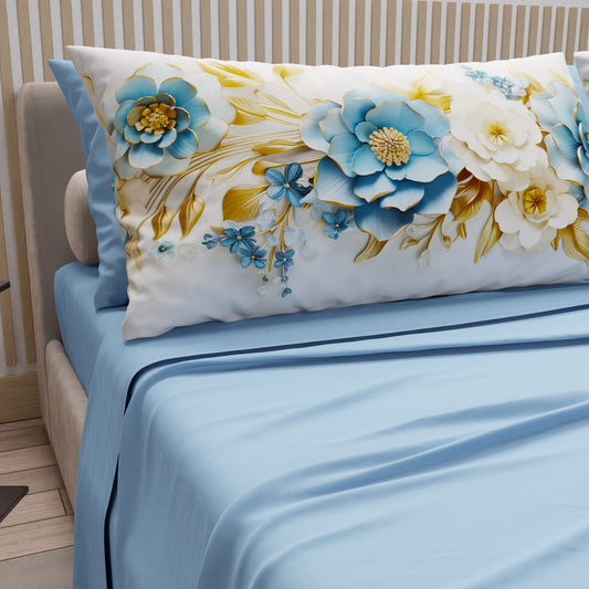 Draps en Coton, Parure de Lit avec Taies d'Oreiller en Impression Numérique Flower Ceramic 03 Bleu Clair