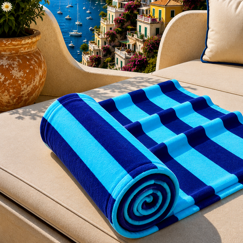 Telo Mare Microfibra, Asciugamano Mare, Telo per Lettino Righe Celeste/Blu Elettrico