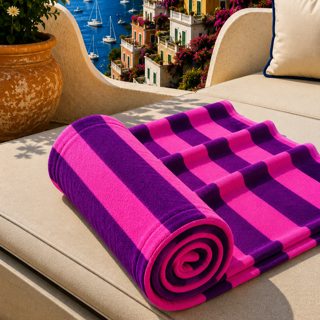 Telo Mare Microfibra, Asciugamano Mare, Telo per Lettino Righe Viola/Fucsia.