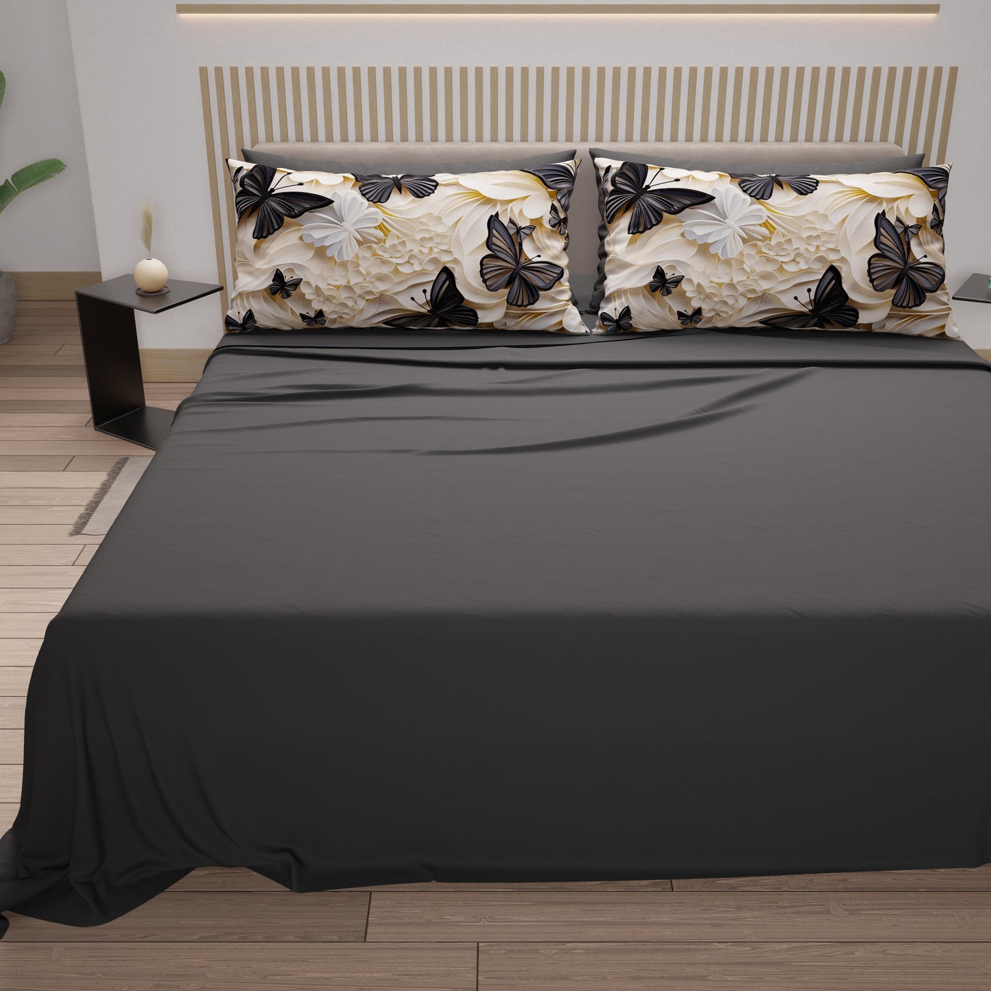 Lenzuola in Cotone, Completo Letto con Federe in Stampa Digitale Mariposa 05 Nero